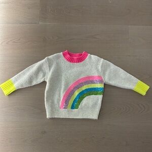Billieblush Cream Sweater with Neon Pink Collar, Yellow Cuffs and Sequin Rainbow